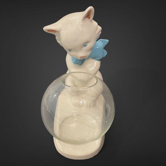 Vintage Ceramic Cat w/ Glass Fishbowl – Bow Tie Kitten Planter or Candy Dish - Picture 3 of 6